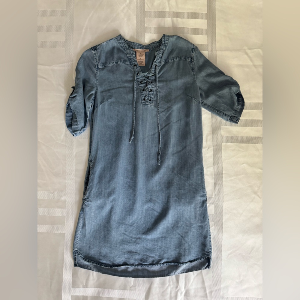 Light Wash Denim Tunic Dress with Lace-Up Neck